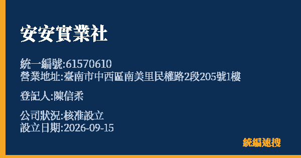 安安實業社的照片-統編 61570610(臺南市) 公司登記資料與營業項目詳細圖表