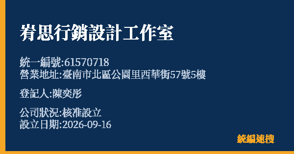 峟思行銷設計工作室的照片-統編 61570718(臺南市) 公司登記資料與營業項目詳細圖表