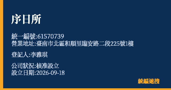 序日所的照片-統編 61570739(臺南市) 公司登記資料與營業項目詳細圖表