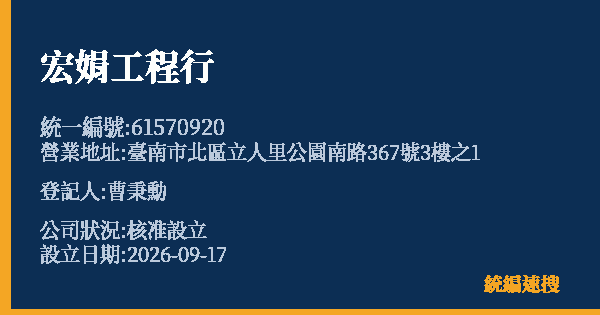 宏娟工程行的照片-統編 61570920(臺南市) 公司登記資料與營業項目詳細圖表