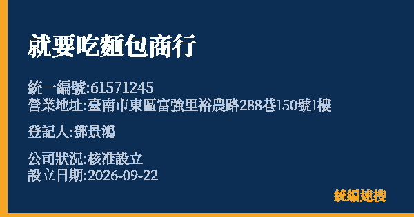 就要吃麵包商行的照片-統編 61571245(臺南市) 公司登記資料與營業項目詳細圖表