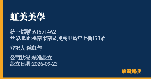 虹美美學的照片-統編 61571462(臺南市) 公司登記資料與營業項目詳細圖表