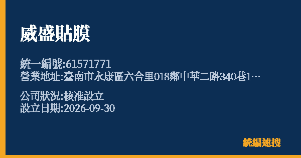威盛貼膜的照片-統編 61571771(臺南市) 公司登記資料與營業項目詳細圖表