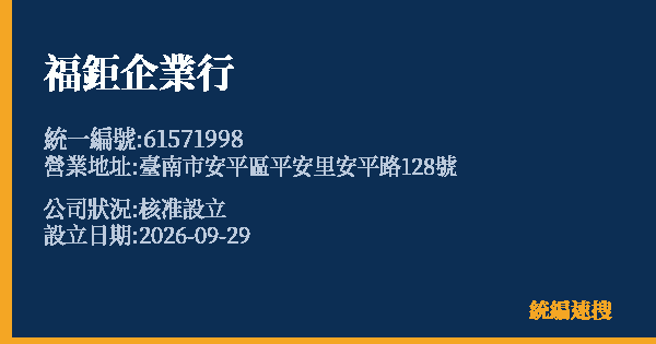 福鉅企業行的照片-統編 61571998(臺南市) 公司登記資料與營業項目詳細圖表