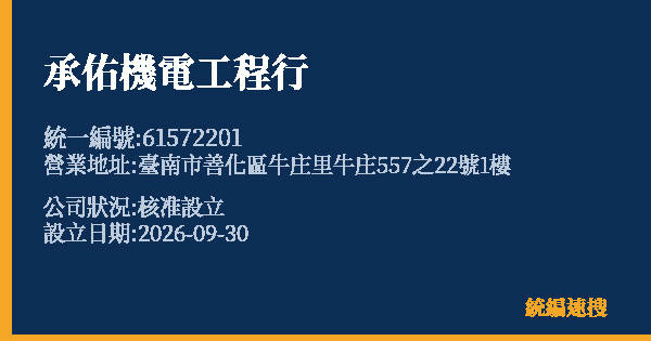 承佑機電工程行的照片-統編 61572201(臺南市) 公司登記資料與營業項目詳細圖表