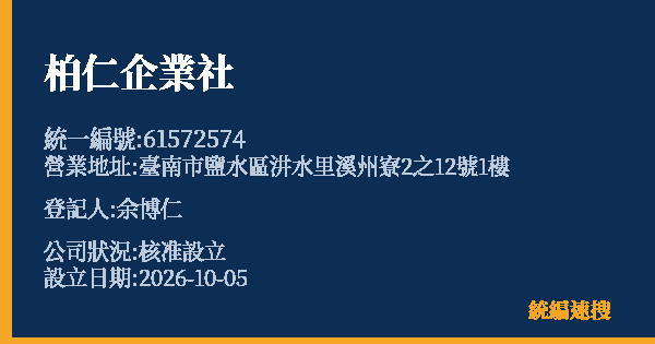 柏仁企業社的照片-統編 61572574(臺南市) 公司登記資料與營業項目詳細圖表
