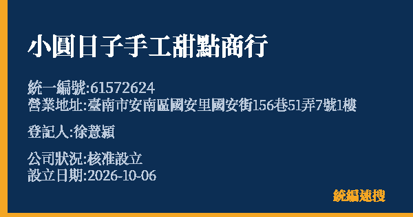 小圓日子手工甜點商行的照片-統編 61572624(臺南市) 公司登記資料與營業項目詳細圖表