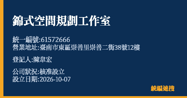 錦式空間規劃工作室的照片-統編 61572666(臺南市) 公司登記資料與營業項目詳細圖表