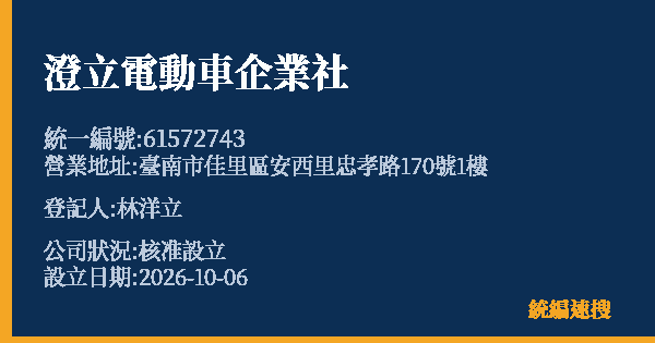 澄立電動車企業社的照片-統編 61572743(臺南市) 公司登記資料與營業項目詳細圖表