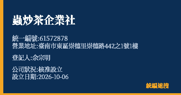 蟲炒茶企業社的照片-統編 61572878(臺南市) 公司登記資料與營業項目詳細圖表