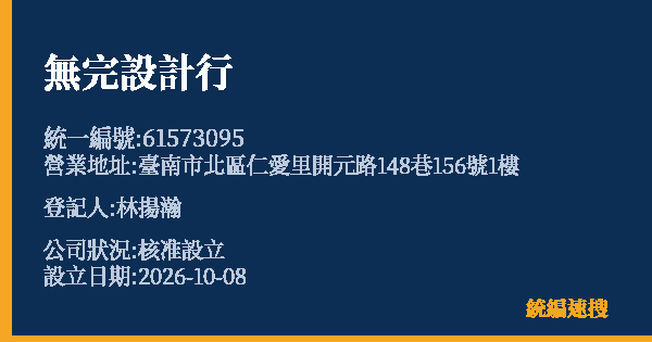 無完設計行的照片-統編 61573095(臺南市) 公司登記資料與營業項目詳細圖表