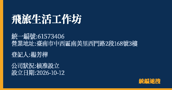 飛旅生活工作坊的照片-統編 61573406(臺南市) 公司登記資料與營業項目詳細圖表