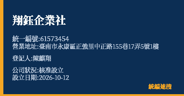 翔鈺企業社的照片-統編 61573454(臺南市) 公司登記資料與營業項目詳細圖表