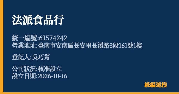 法派食品行的照片-統編 61574242(臺南市) 公司登記資料與營業項目詳細圖表
