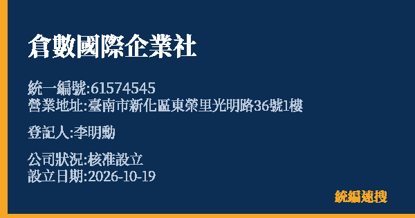 倉數國際企業社的照片-統編 61574545(臺南市) 公司登記資料與營業項目詳細圖表