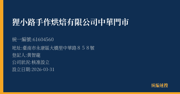 狸小路手作烘焙有限公司中華門市的照片-統編 61604560(臺南市) 公司登記資料與營業項目詳細圖表