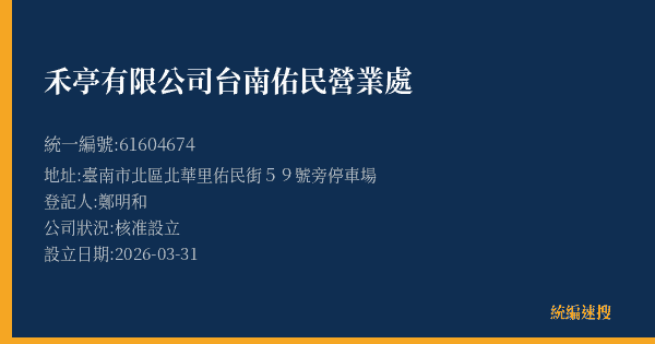 禾亭有限公司台南佑民營業處的照片-統編 61604674(臺南市) 公司登記資料與營業項目詳細圖表