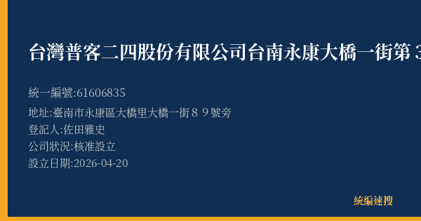 台灣普客二四股份有限公司台南永康大橋一街第3停車場的照片-統編 61606835(臺南市) 公司登記資料與營業項目詳細圖表