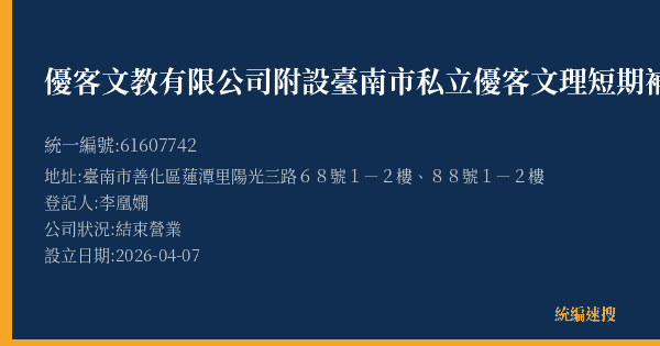 優客文教有限公司附設臺南市私立優客文理短期補習班的照片-統編 61607742(臺南市) 公司登記資料與營業項目詳細圖表
