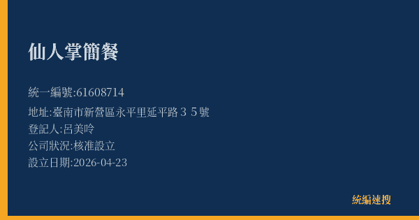 仙人掌簡餐的照片-統編 61608714(臺南市) 公司登記資料與營業項目詳細圖表