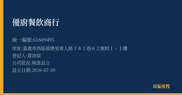 優廚餐飲商行的照片-統編 61609495(嘉義市) 公司登記資料與營業項目詳細圖表