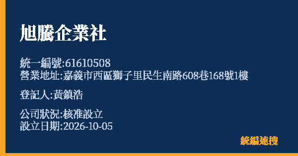旭騰企業社的照片-統編 61610508(嘉義市) 公司登記資料與營業項目詳細圖表