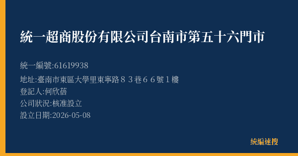 統一超商股份有限公司台南市第五十六門市的照片-統編 61619938(臺南市) 公司登記資料與營業項目詳細圖表