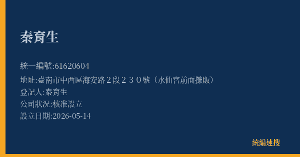 秦育生的照片-統編 61620604(臺南市) 公司登記資料與營業項目詳細圖表