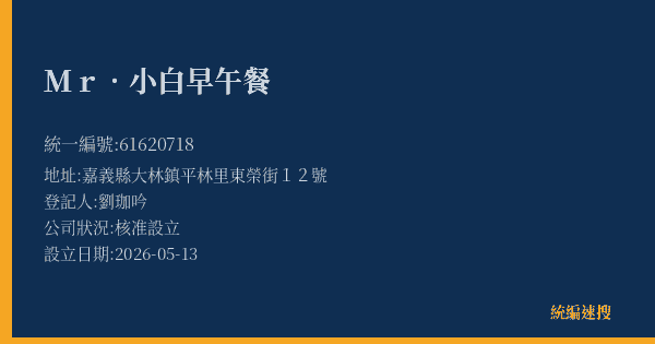 Mr.小白早午餐的照片-統編 61620718(嘉義縣) 公司登記資料與營業項目詳細圖表