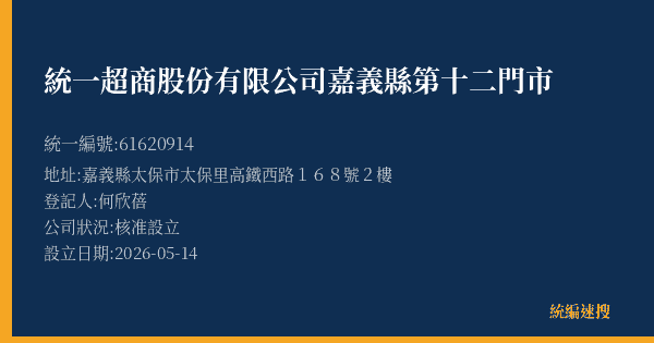 統一超商股份有限公司嘉義縣第十二門市的照片-統編 61620914(嘉義縣) 公司登記資料與營業項目詳細圖表
