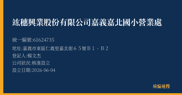 竑穗興業股份有限公司嘉義嘉北國小營業處的照片-統編 61624735(嘉義市) 公司登記資料與營業項目詳細圖表
