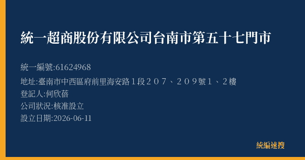 統一超商股份有限公司台南市第五十七門市的照片-統編 61624968(臺南市) 公司登記資料與營業項目詳細圖表