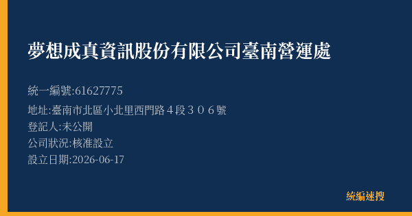 夢想成真資訊股份有限公司臺南營運處的照片-統編 61627775(臺南市) 公司登記資料與營業項目詳細圖表