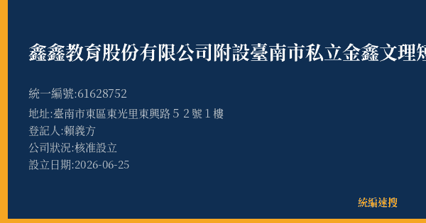 鑫鑫教育股份有限公司附設臺南市私立金鑫文理短期補習班的照片-統編 61628752(臺南市) 公司登記資料與營業項目詳細圖表