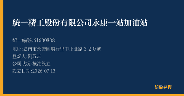 統一精工股份有限公司永康一站加油站的照片-統編 61630808(臺南市) 公司登記資料與營業項目詳細圖表