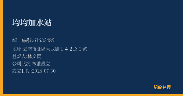 均均加水站的照片-統編 61633489(臺南市) 公司登記資料與營業項目詳細圖表