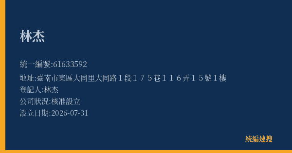 林杰的照片-統編 61633592(臺南市) 公司登記資料與營業項目詳細圖表