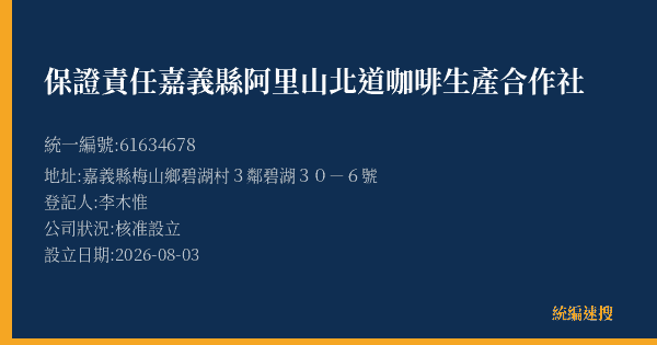 保證責任嘉義縣阿里山北道咖啡生產合作社的照片-統編 61634678(嘉義縣) 公司登記資料與營業項目詳細圖表