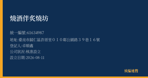 燒酒伴炙燒坊的照片-統編 61634987(臺南市) 公司登記資料與營業項目詳細圖表