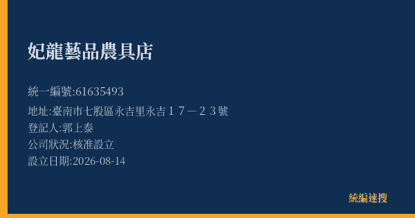 妃龍藝品農具店的照片-統編 61635493(臺南市) 公司登記資料與營業項目詳細圖表