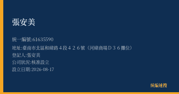 張安美的照片-統編 61635590(臺南市) 公司登記資料與營業項目詳細圖表