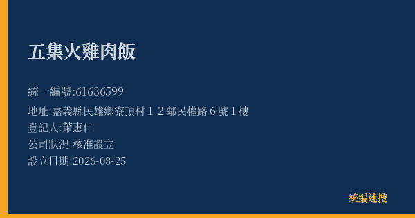 五集火雞肉飯的照片-統編 61636599(嘉義縣) 公司登記資料與營業項目詳細圖表