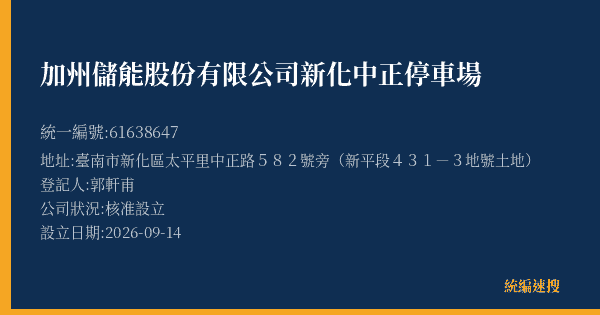 加州儲能股份有限公司新化中正停車場的照片-統編 61638647(臺南市) 公司登記資料與營業項目詳細圖表