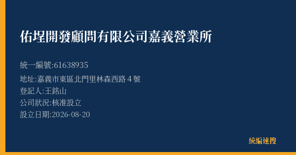 佑埕開發顧問有限公司嘉義營業所的照片-統編 61638935(嘉義市) 公司登記資料與營業項目詳細圖表