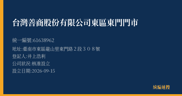 台灣善商股份有限公司東區東門門市的照片-統編 61638962(臺南市) 公司登記資料與營業項目詳細圖表