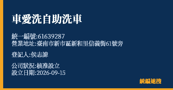 車愛洗自助洗車的照片-統編 61639287(臺南市) 公司登記資料與營業項目詳細圖表