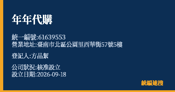 年年代購的照片-統編 61639553(臺南市) 公司登記資料與營業項目詳細圖表