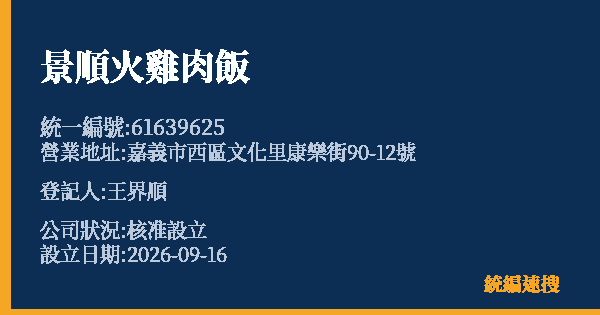 景順火雞肉飯的照片-統編 61639625(嘉義市) 公司登記資料與營業項目詳細圖表
