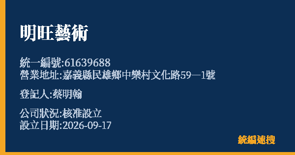 明旺藝術的照片-統編 61639688(嘉義縣) 公司登記資料與營業項目詳細圖表