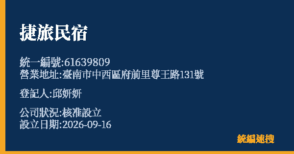 捷旅民宿的照片-統編 61639809(臺南市) 公司登記資料與營業項目詳細圖表